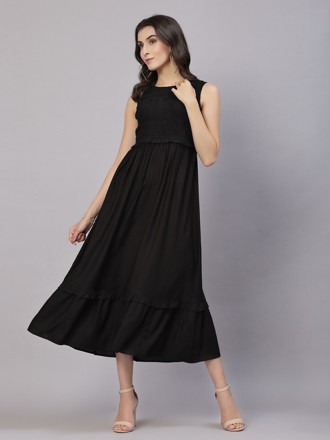 

aayu Round Neck Sleeveless Smocked Tiered A-Line Midi Dress, Black
