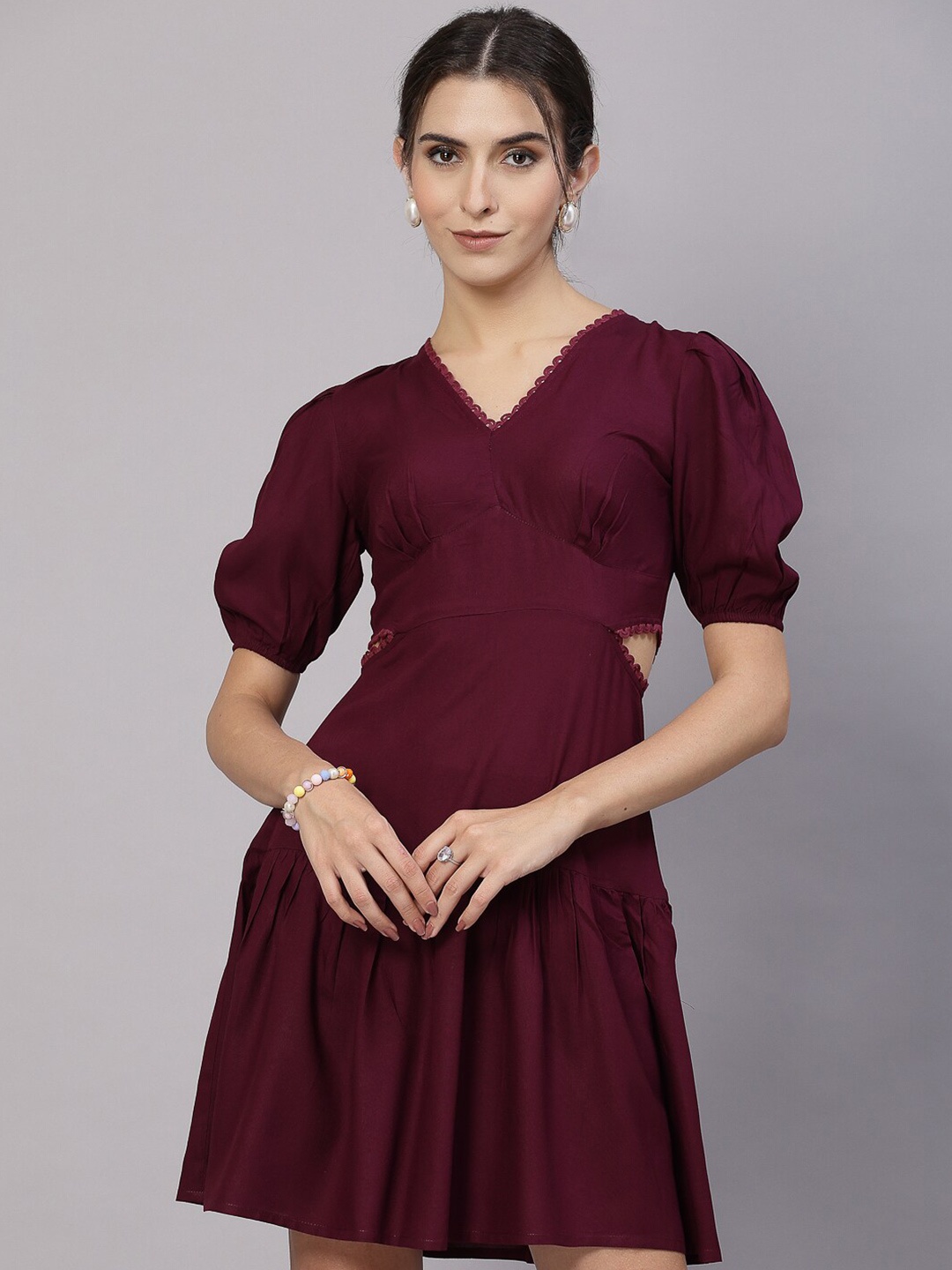 

aayu V-Neck Puff Sleeve Cut-Outs Tiered Empire Dress, Purple