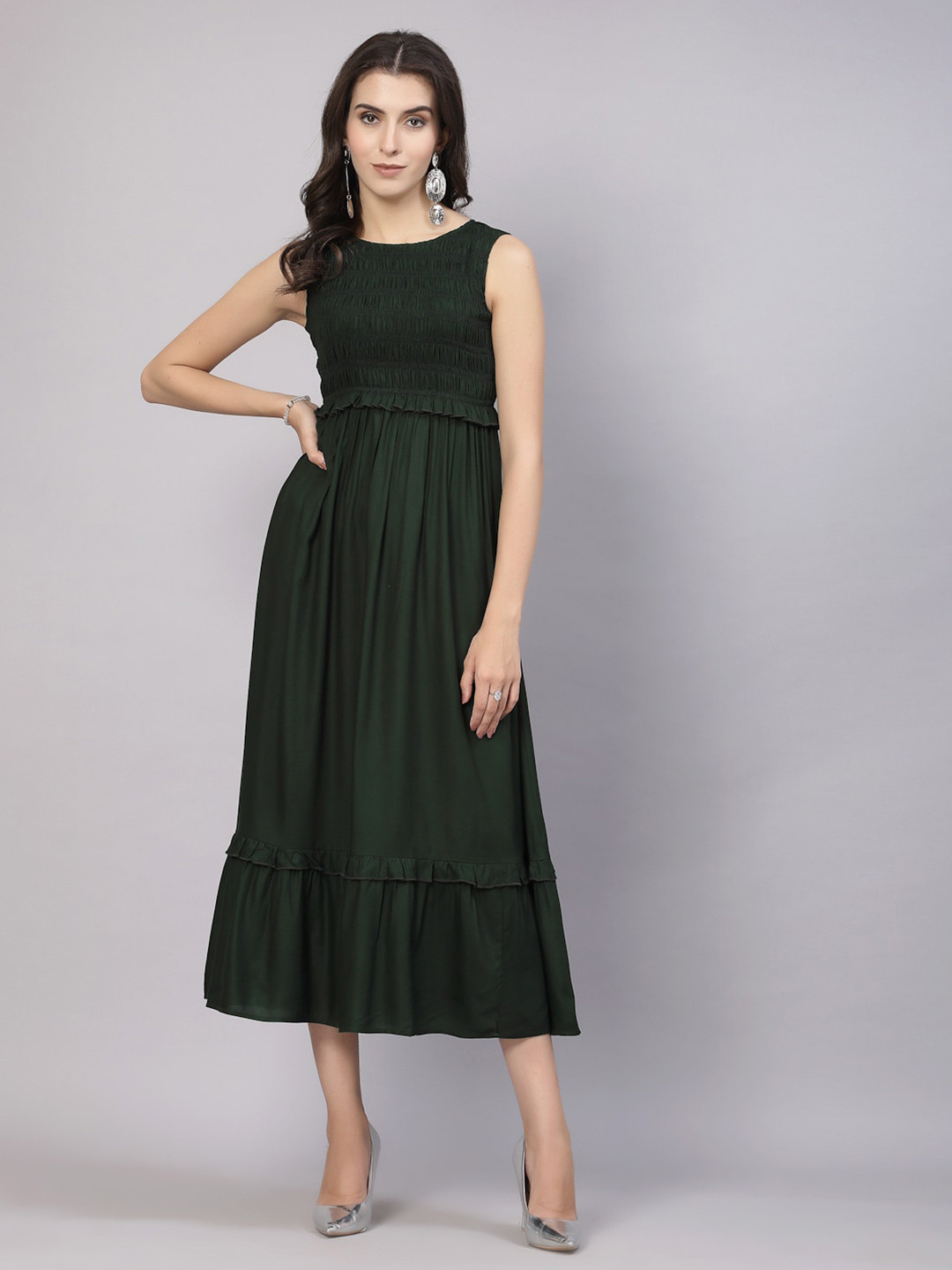 

aayu Round Neck Smocked Fit & Flare Midi Dress, Green