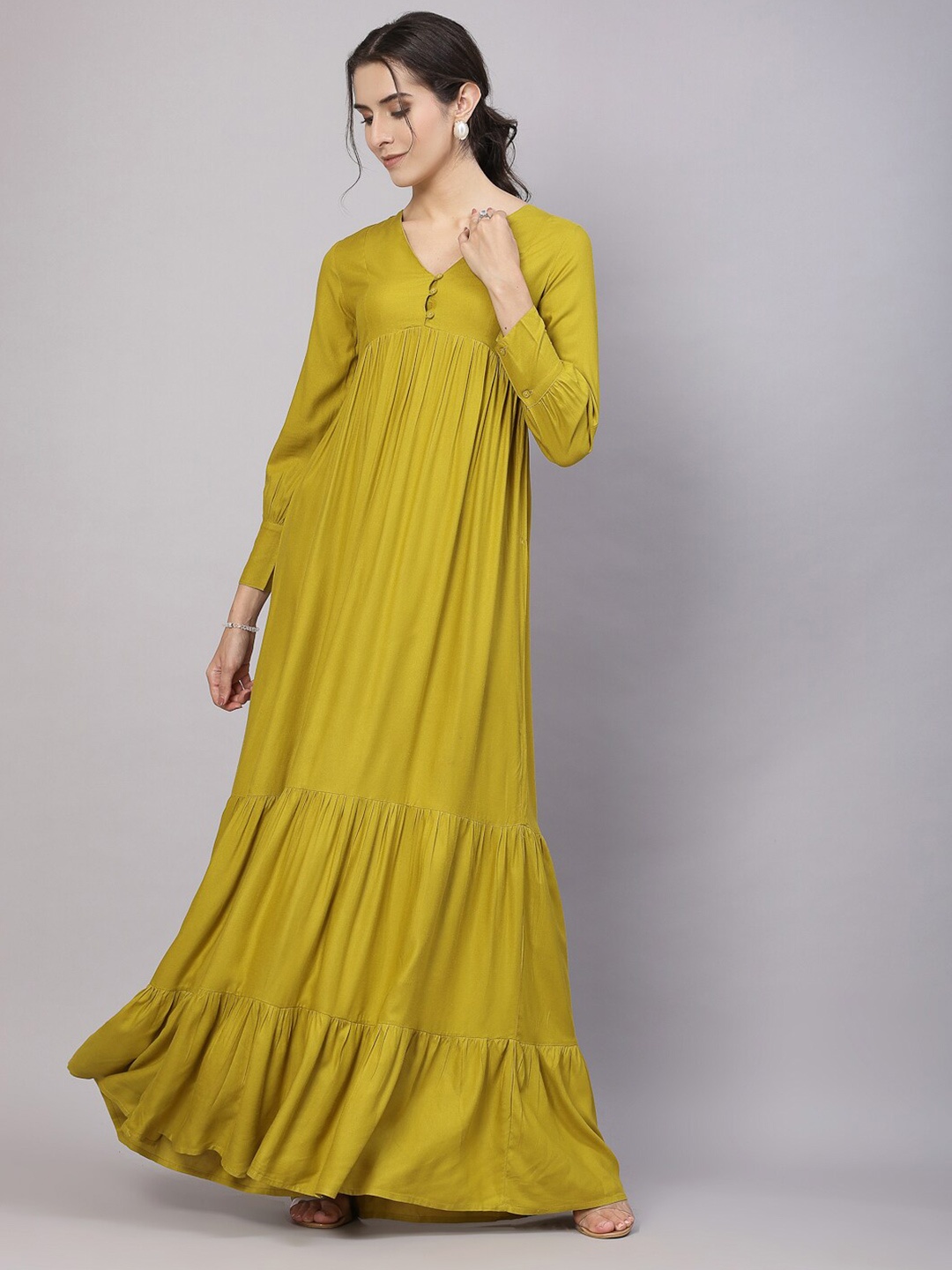 

aayu V-Neck Cuffed Sleeves Tiered Flared Maxi Dress, Lime green