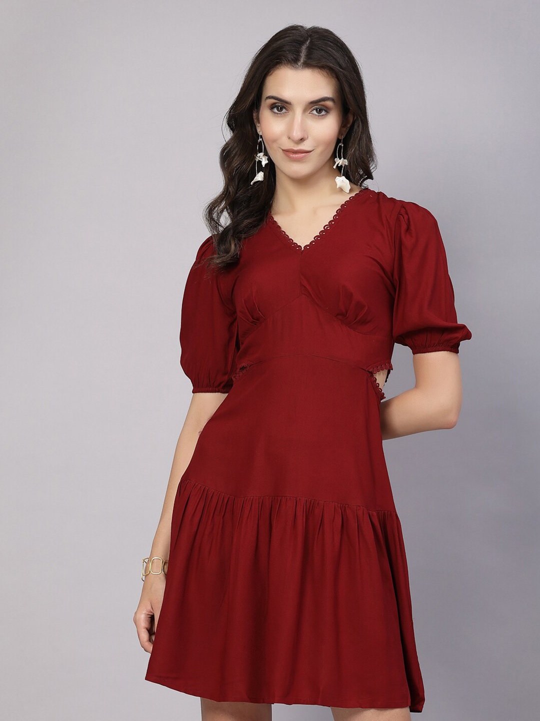 

aayu Puff Sleeve Cut-Outs Empire Dress, Maroon