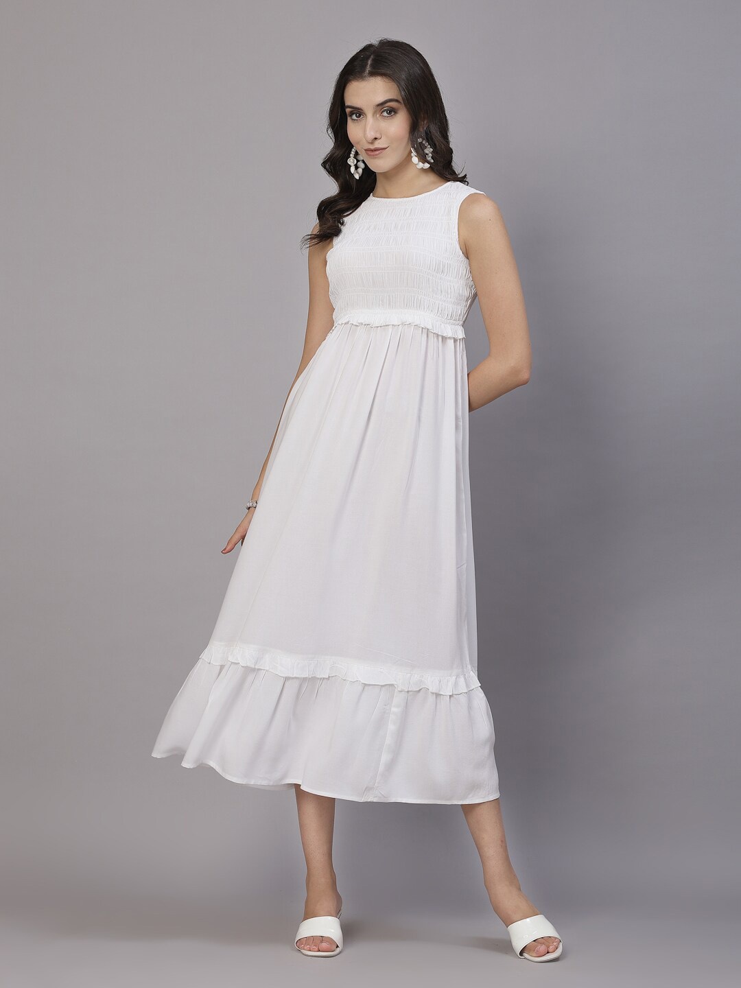 

aayu Round Neck Sleeveless Smocked A-Line Midi Dress, White