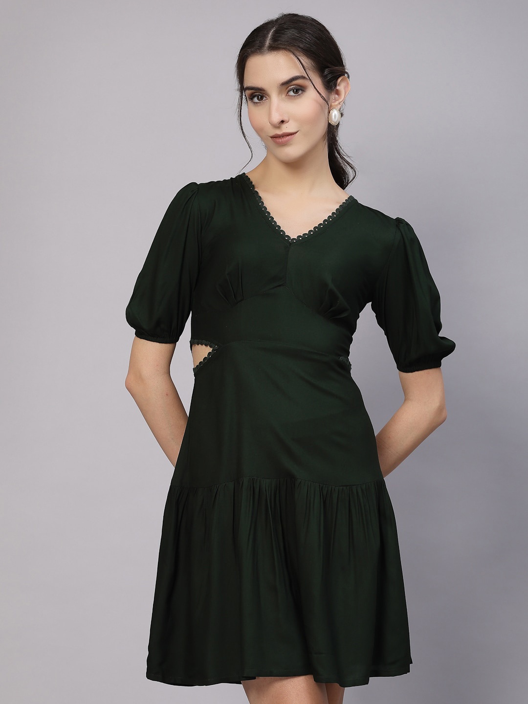 

aayu Puff Sleeve Fit & Flare Dress, Green