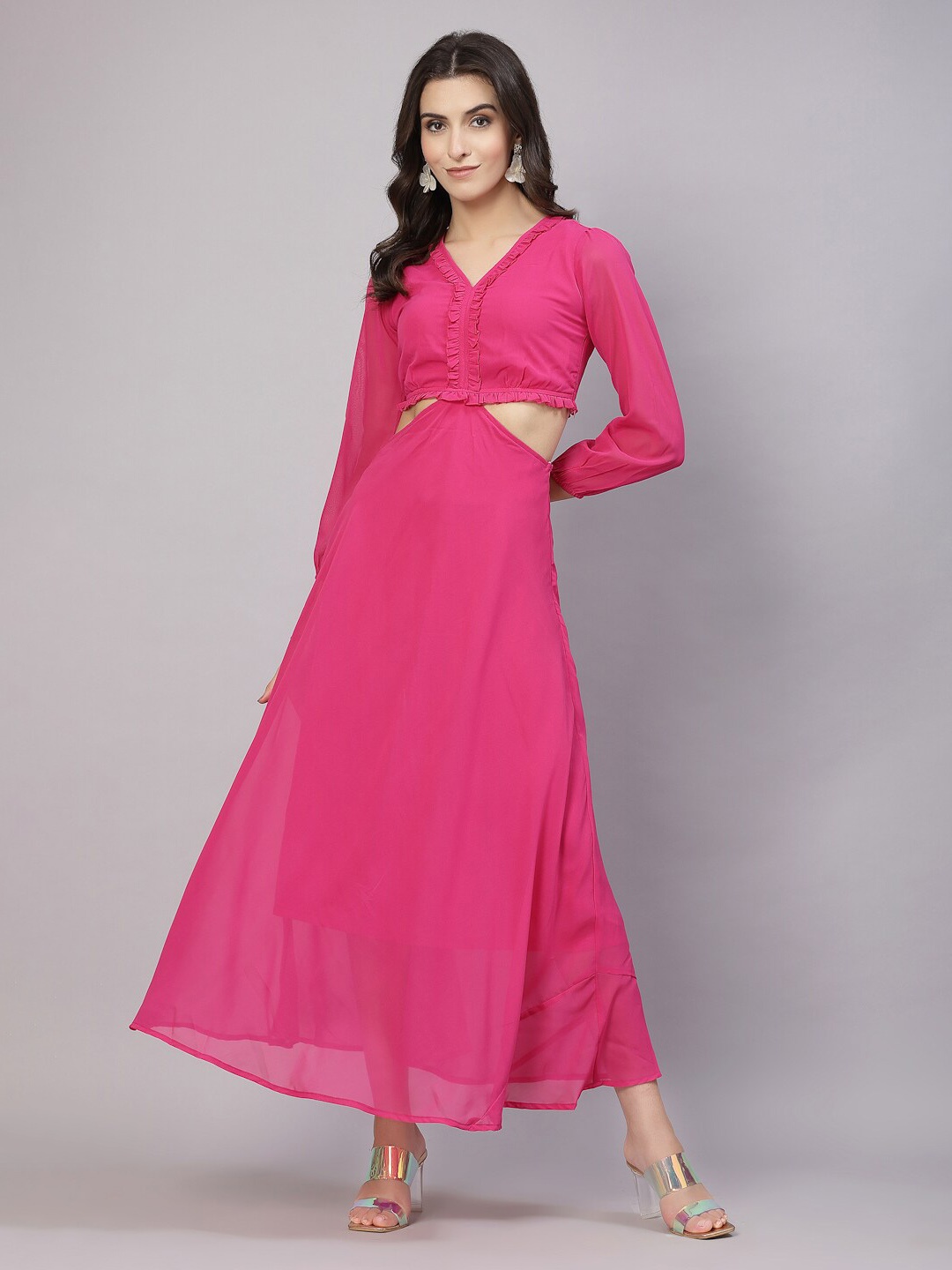 

aayu V-Neck Puff Sleeves Cut-Outs Ruffled Maxi Dress, Fuchsia