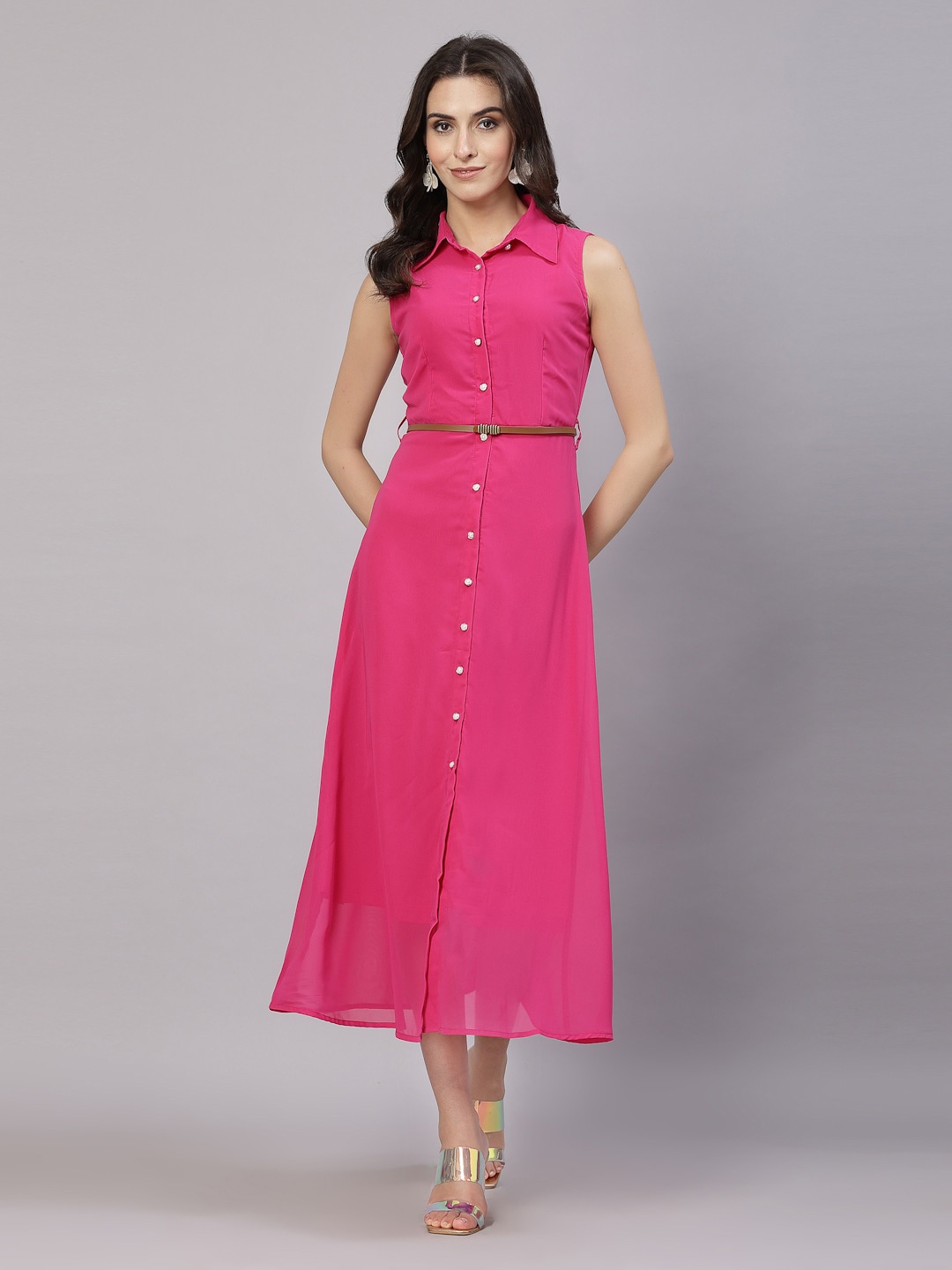 

aayu Sleeveless Belted Shirt Style Maxi Dress, Fuchsia