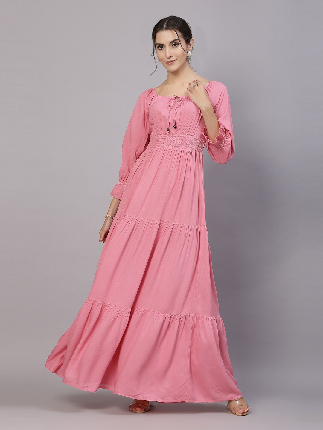 

aayu Tie-Up Neck Bishop Sleeves Smocked Tiered Maxi Dress, Pink