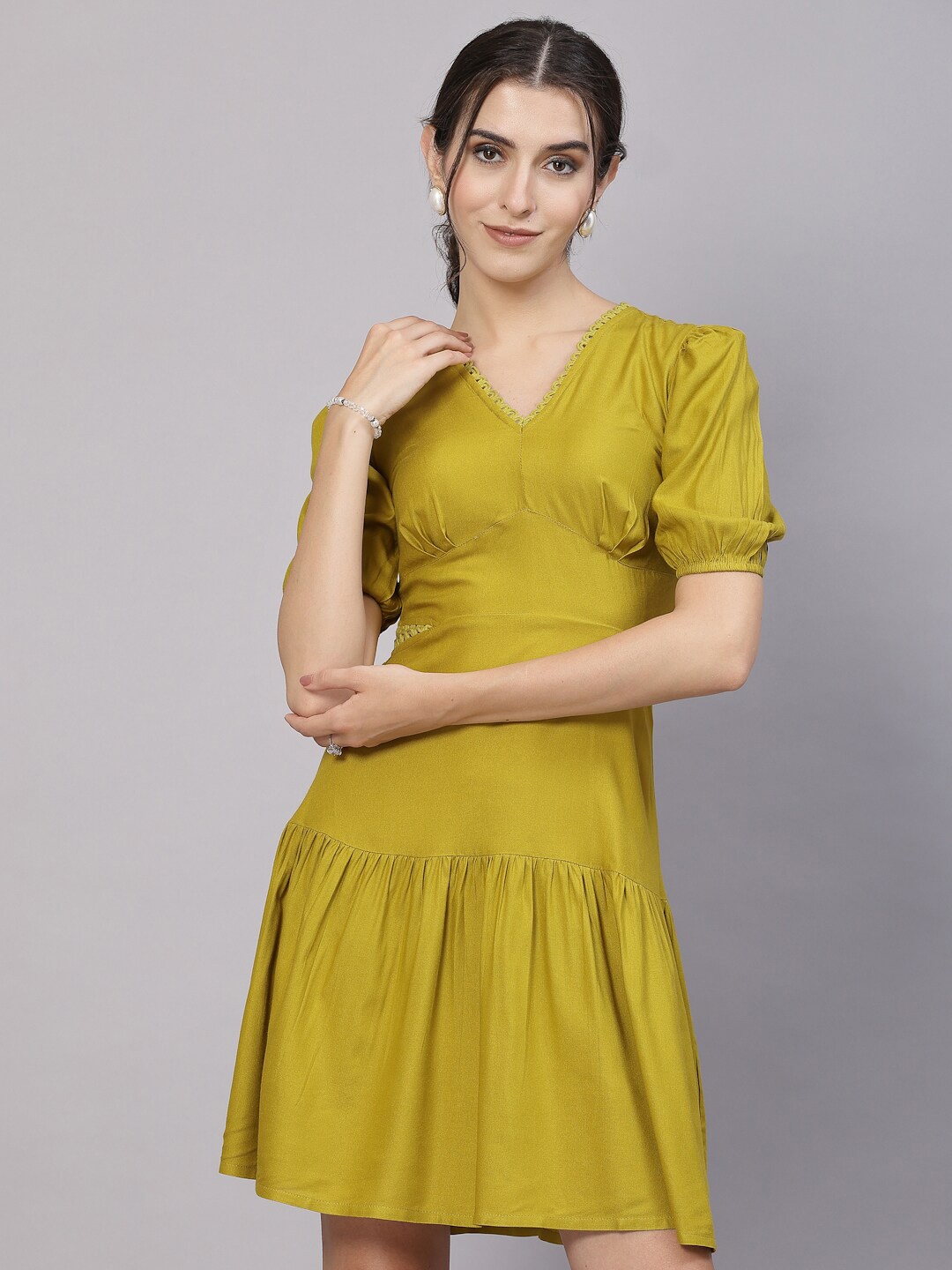 

aayu V-Neck Puff Sleeves Cut-Outs A-Line Dress, Lime green