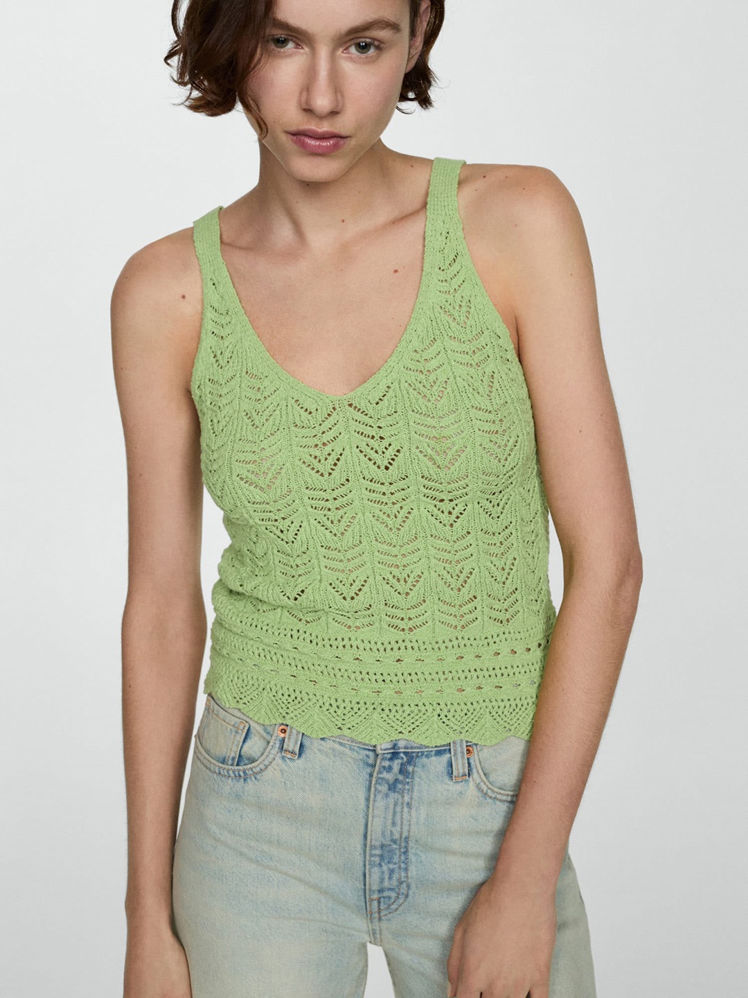 

MANGO Open Knit Crochet Top, Green