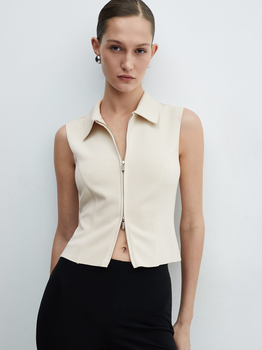 

MANGO Shirt Style Crop Top, Beige