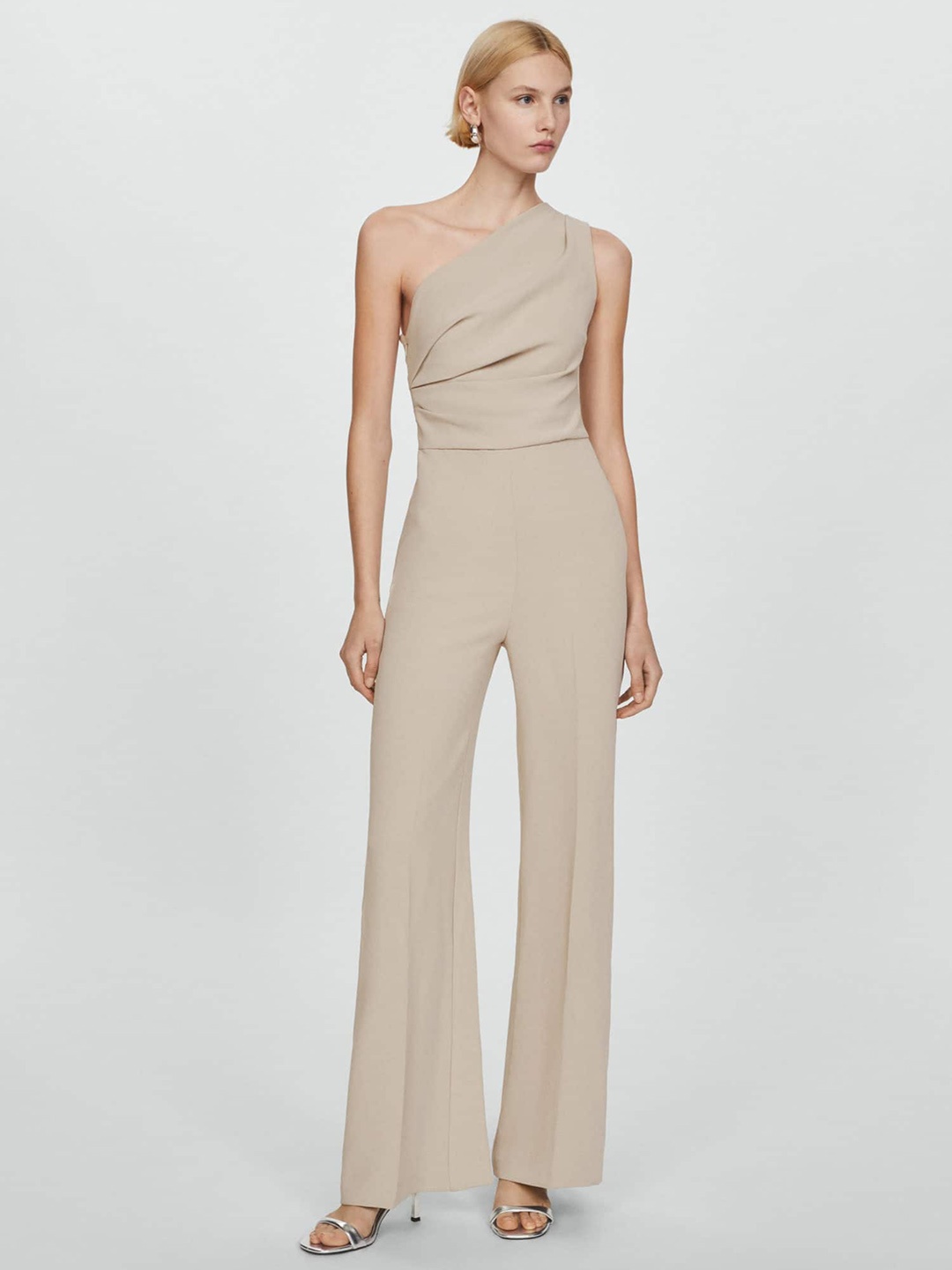 

MANGO Pleated One Shoulder Basic Jumpsuit, Beige