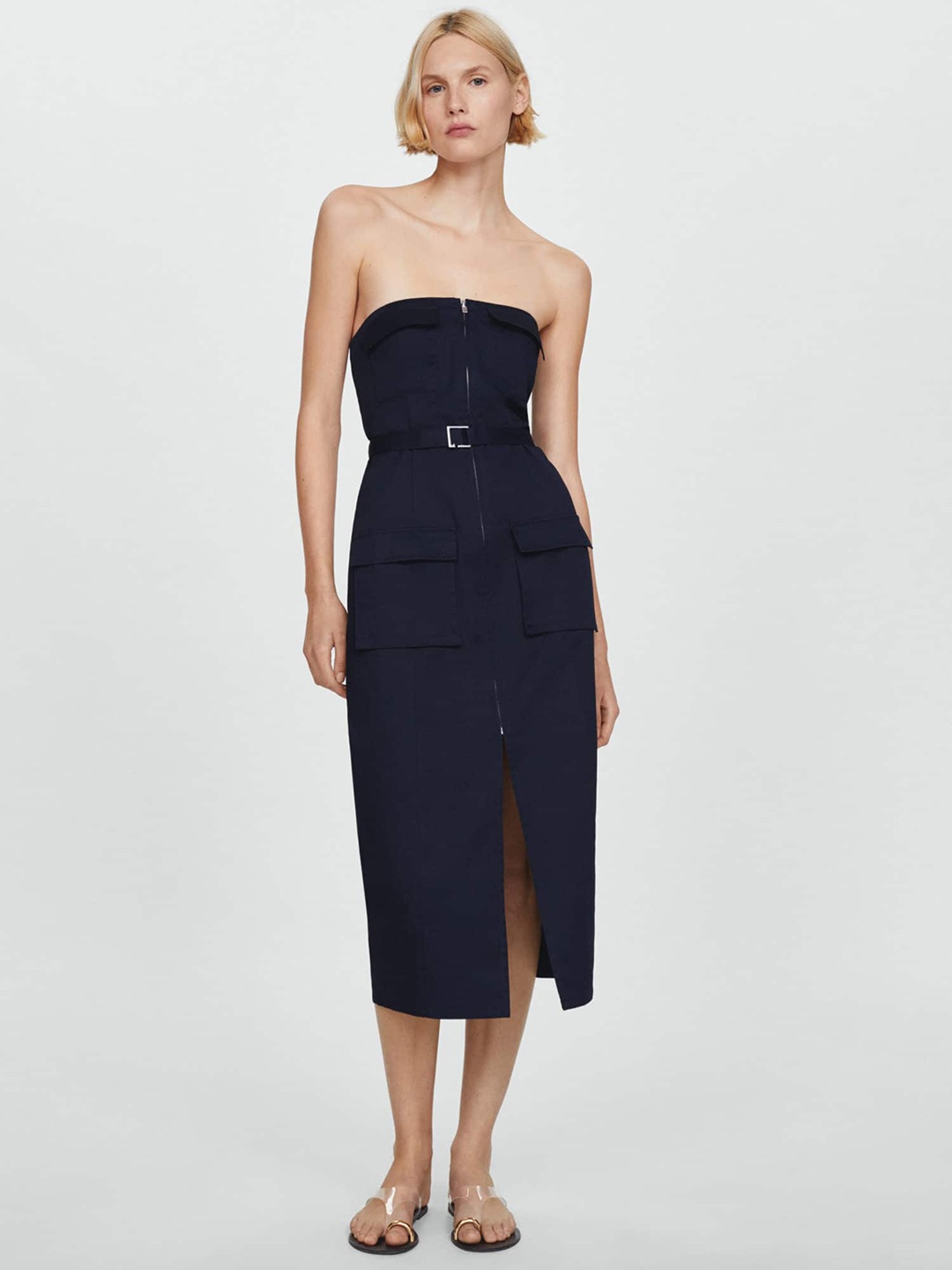 

MANGO Pocket-Detail Midi Bandeau Dress with Belt, Navy blue