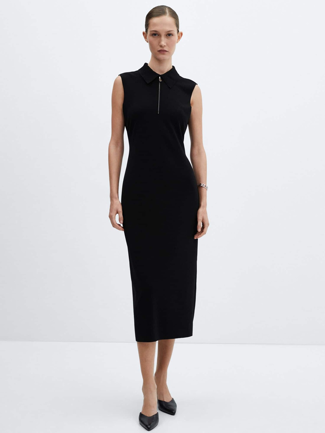 

MANGO Half Zipper Polo Sheath Midi Dress with Slit, Black