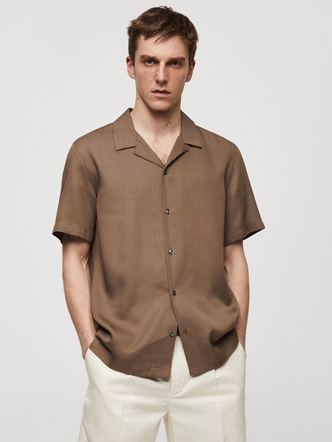 

MANGO MAN Cuban Collar Short Sleeves Casual Shirt, Brown