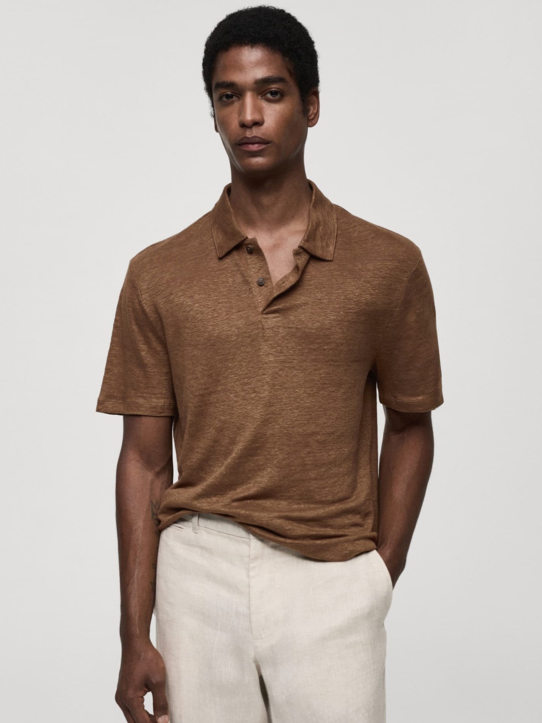 

MANGO MAN Pure Linen Slim Fit Polo T-shirt, Brown