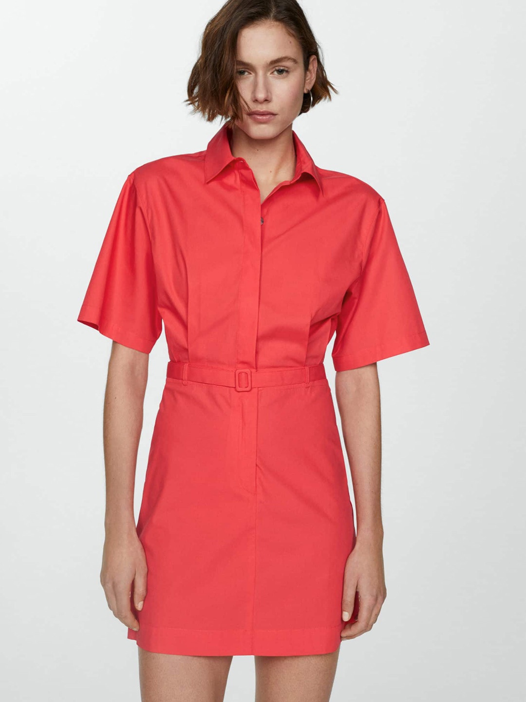 

MANGO Belted Mini Shirt Dress, Coral