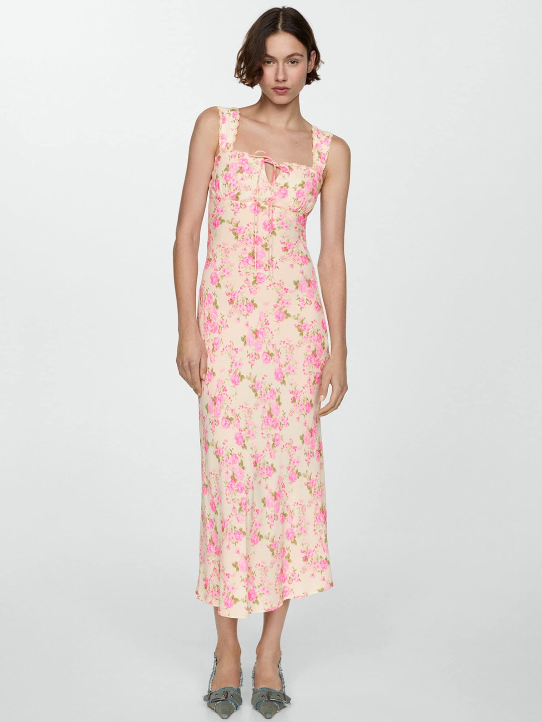 

MANGO Floral Print Tie-Up Neck Sheath Dress, Off white