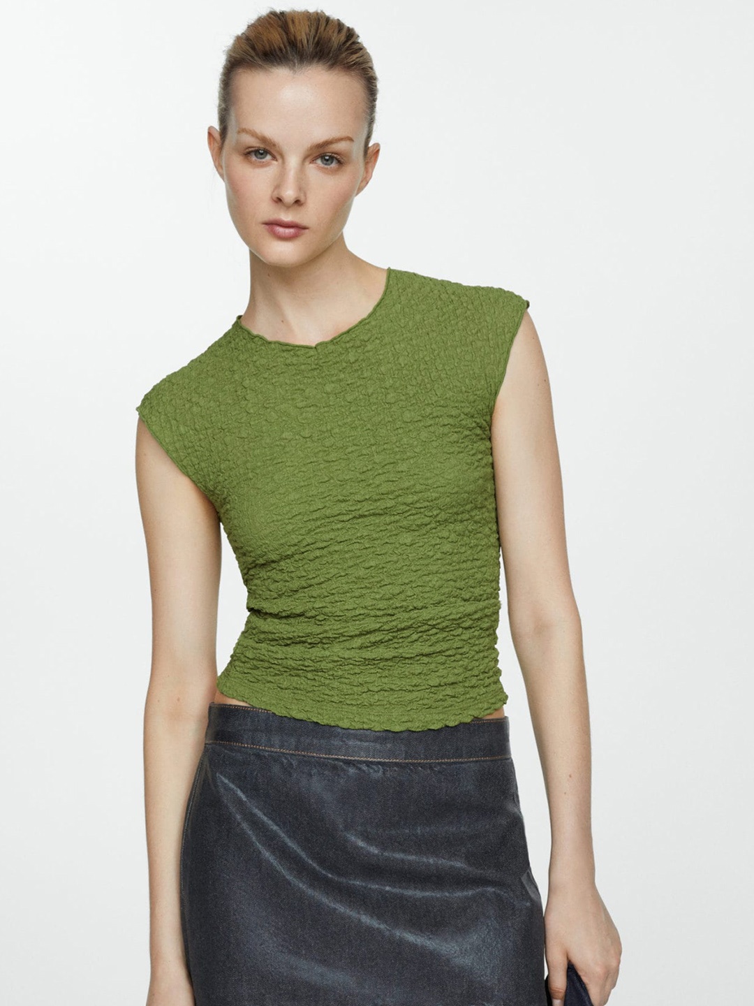 

MANGO Extended Sleeves Textured Fitted Top, Green