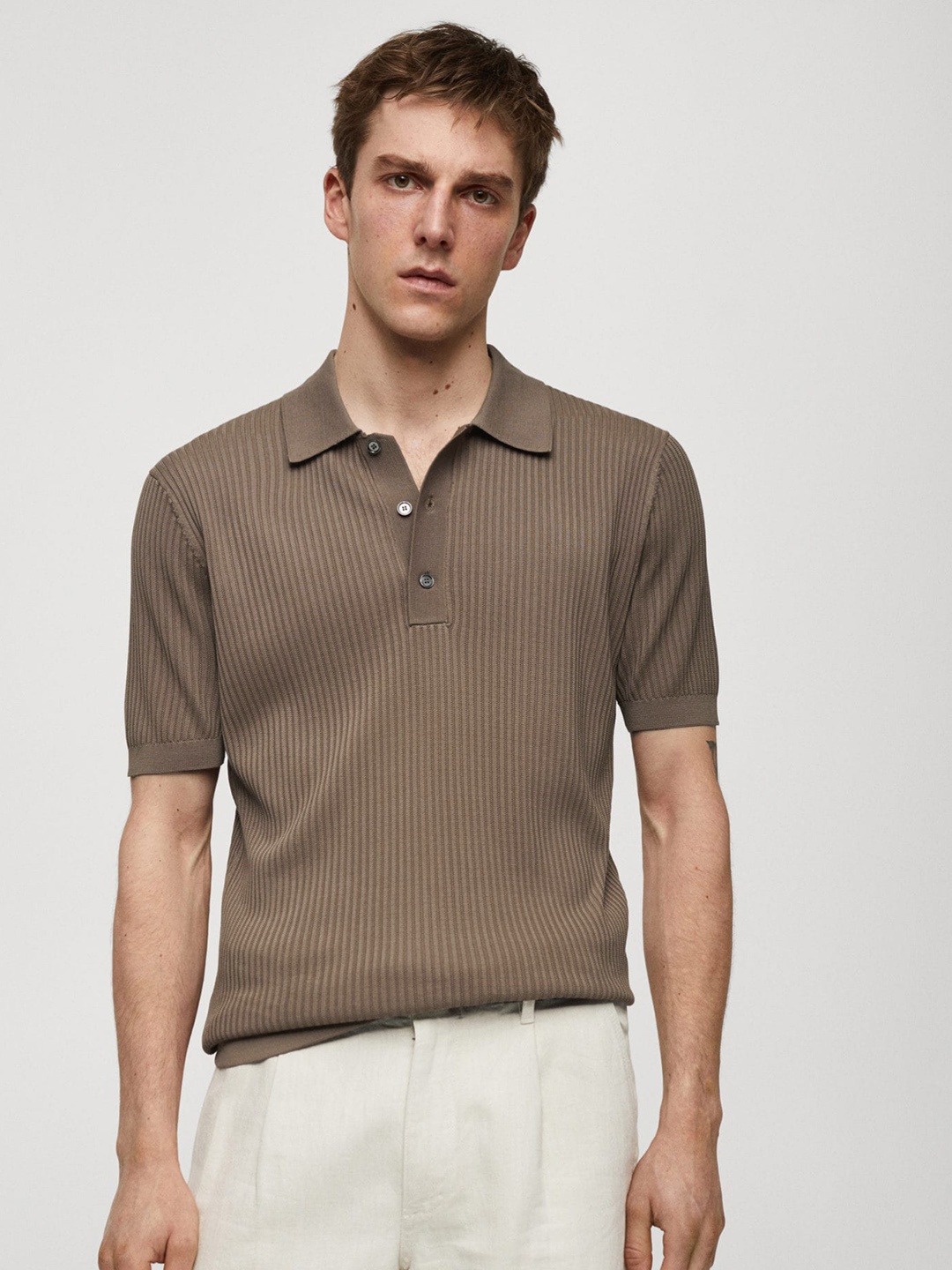 

MANGO MAN Ribbed Polo Collar T-shirt, Brown