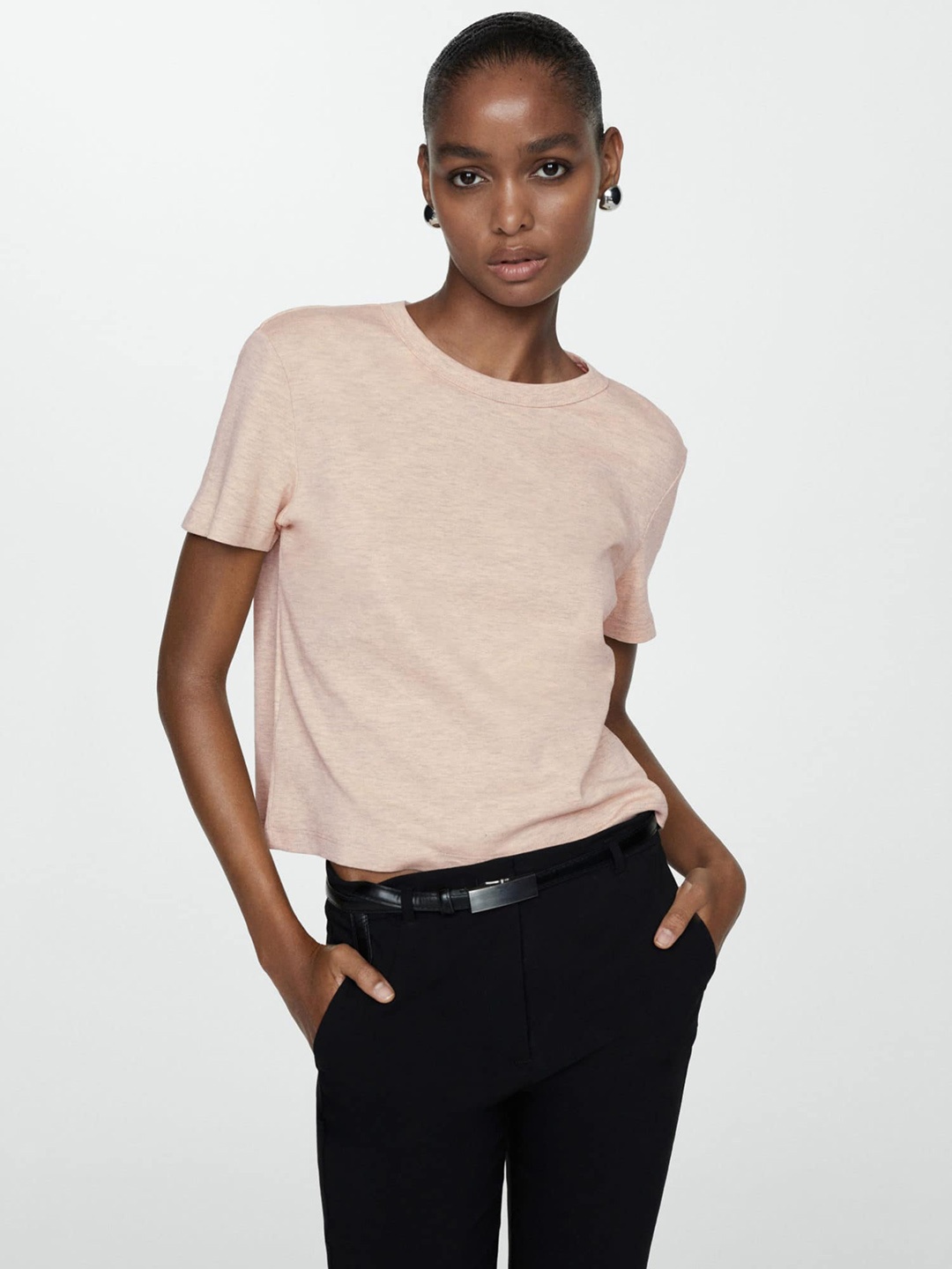 

MANGO Round Neck Casual T-shirt, Beige