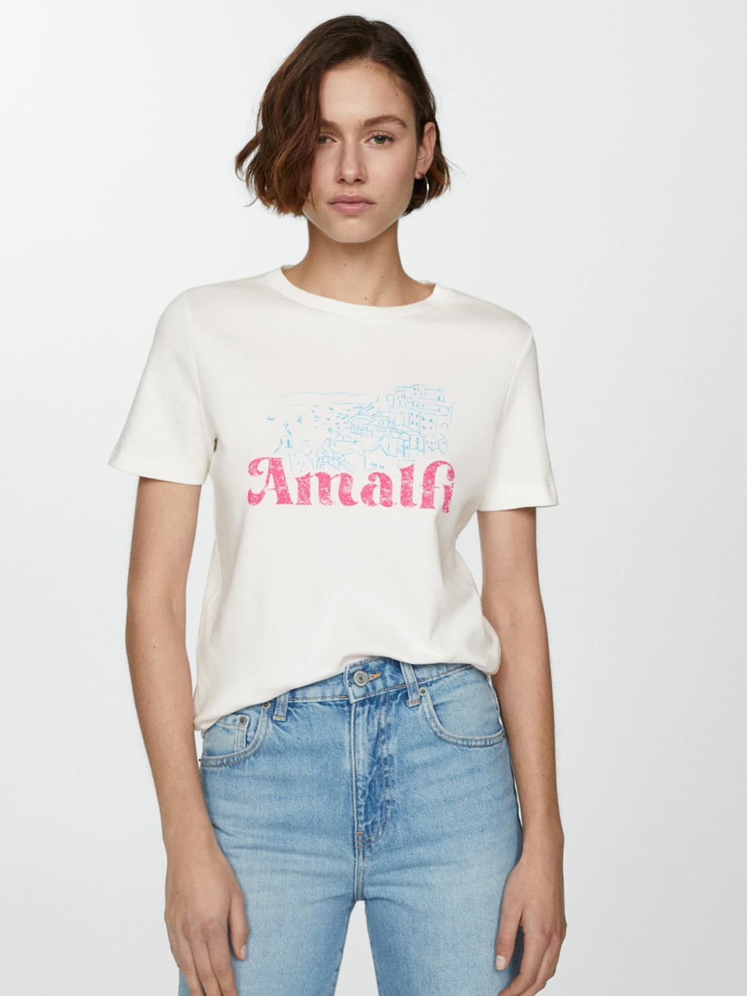 

MANGO Typography Printed Pure Cotton T-shirt, White
