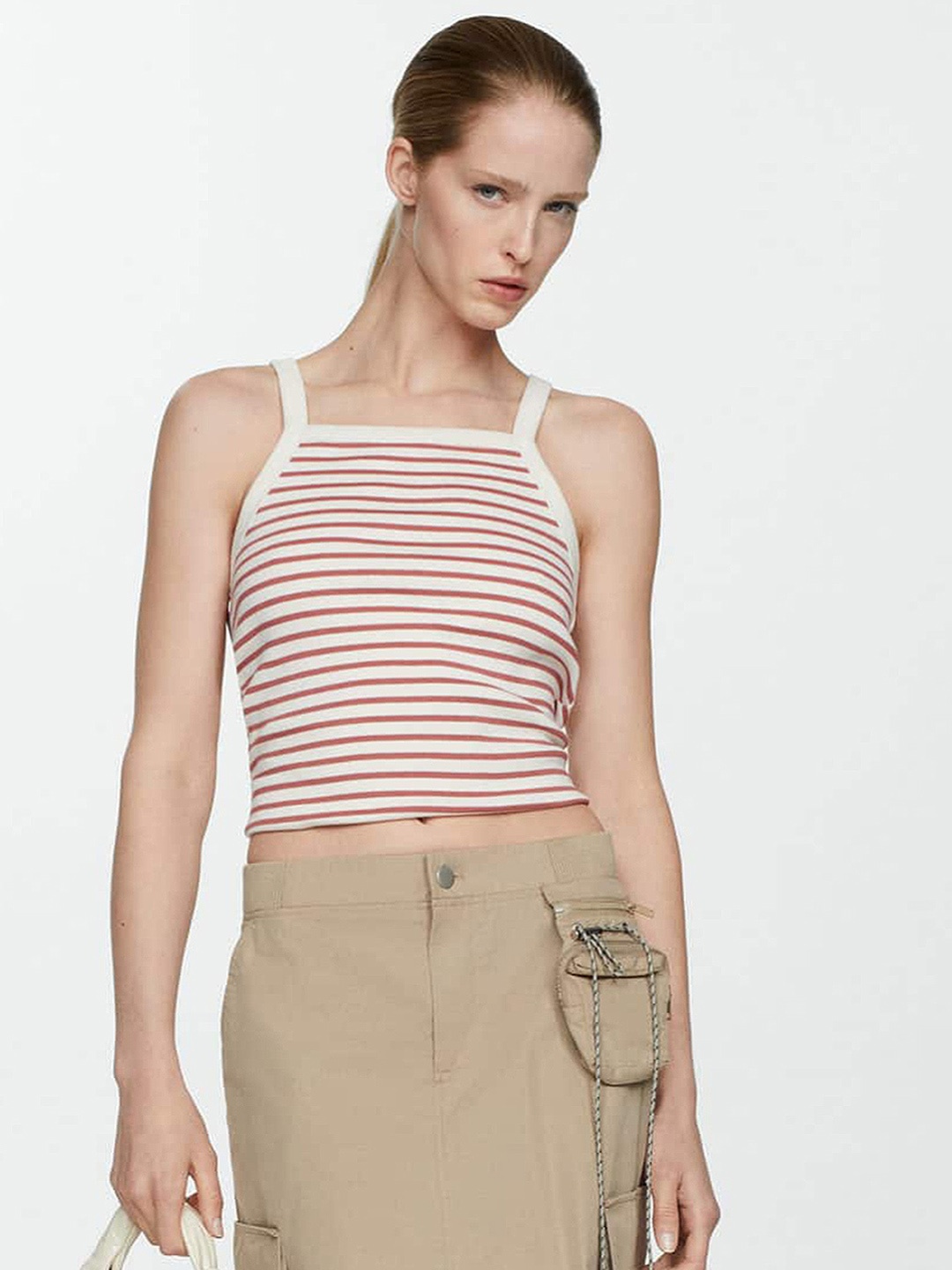 

MANGO Striped Ribbed Pure Cotton Crop Top, Off white