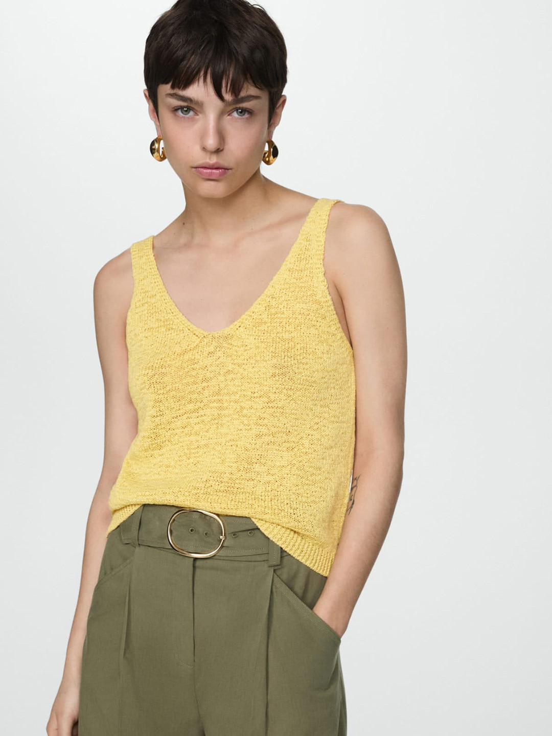

MANGO V-Neck Knitted Top, Yellow