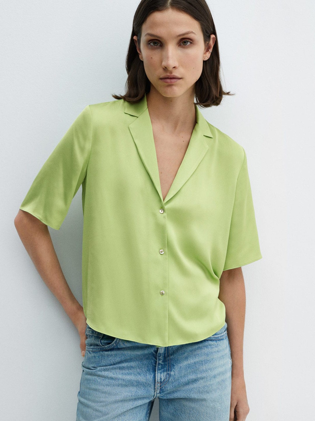 

MANGO Satin Regular Fit Casual Shirt, Green