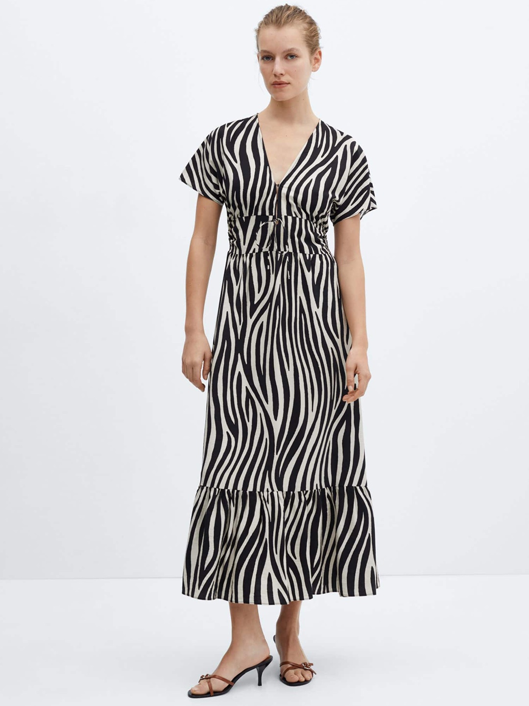 

MANGO Animal Printed V-Neck Extended Sleeves Tie-Ups Detail Smocked A-Line Midi Dress, Black