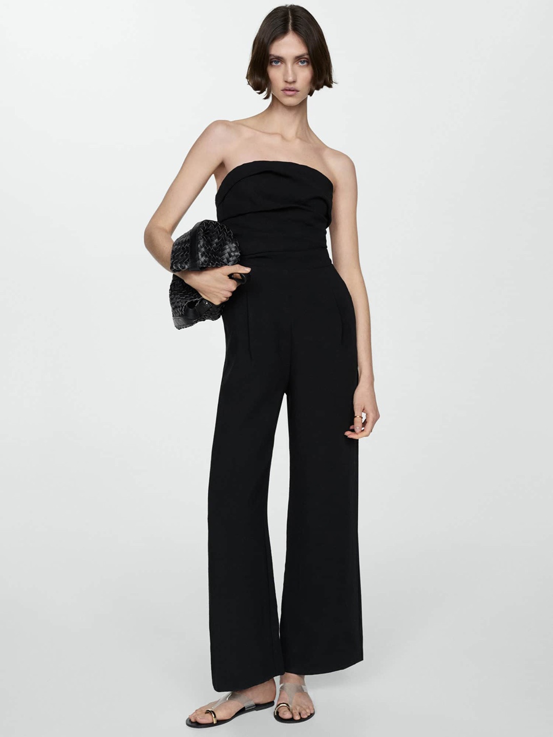 

MANGO Ruched Smocked Strapless Basic Jumpsuit, Black