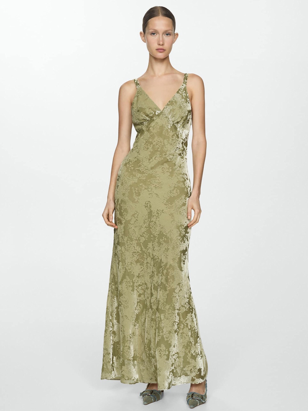 

MANGO Velvet Finish Empire Maxi Dress, Green