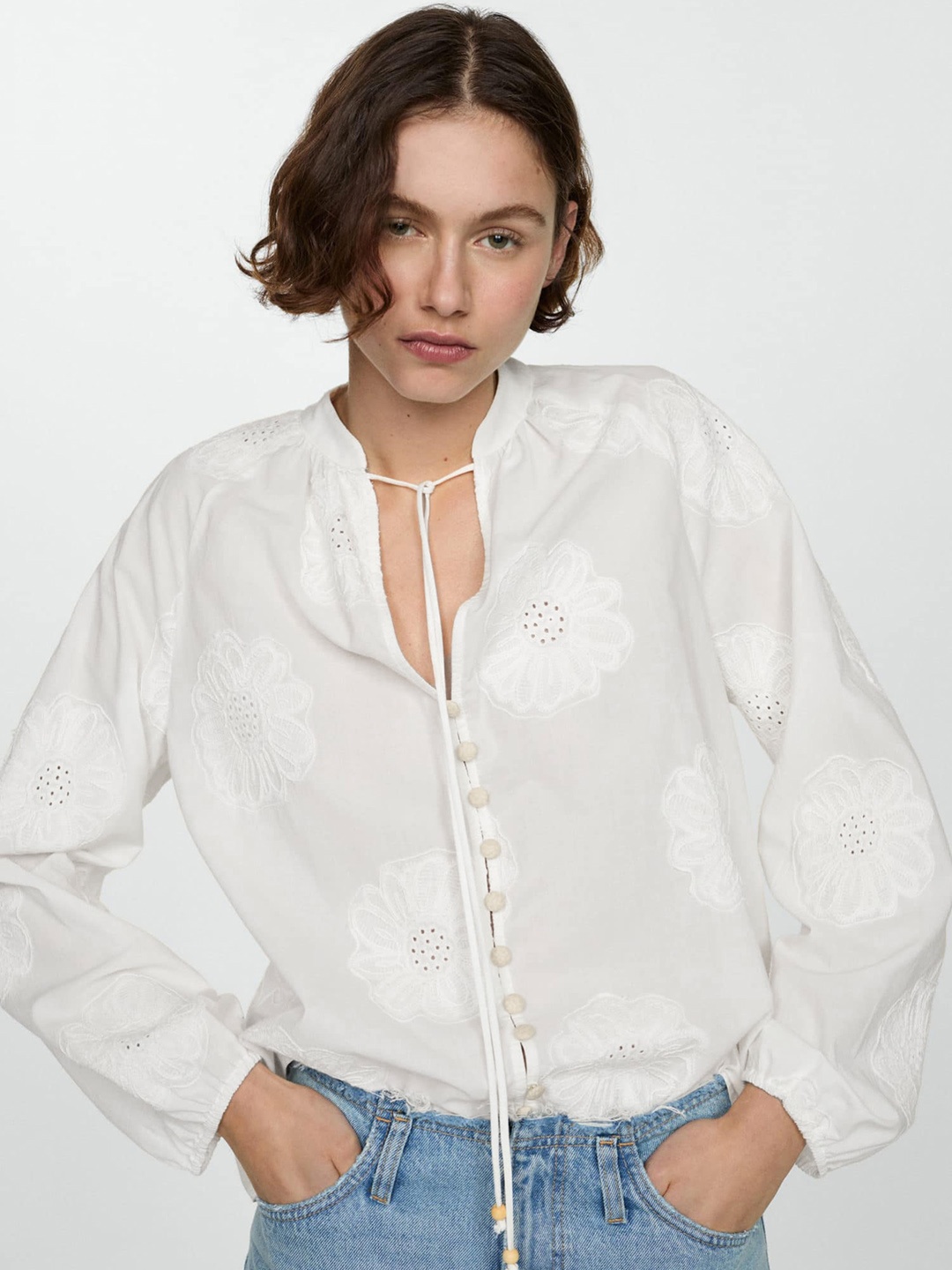 

MANGO Schiffli Embroidered Tie-Up Neck Cotton Shirt Style Top, White
