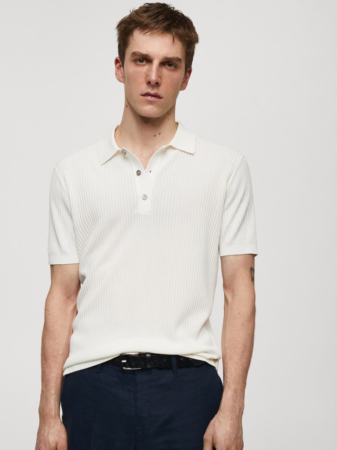 

MANGO MAN Ribbed Knit Polo Collar T-shirt, White