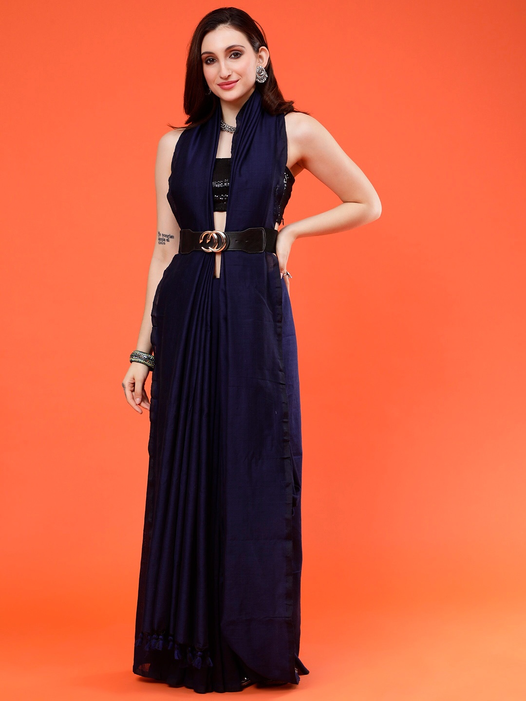 

Sawere Pure Cotton Khadi Saree, Navy blue
