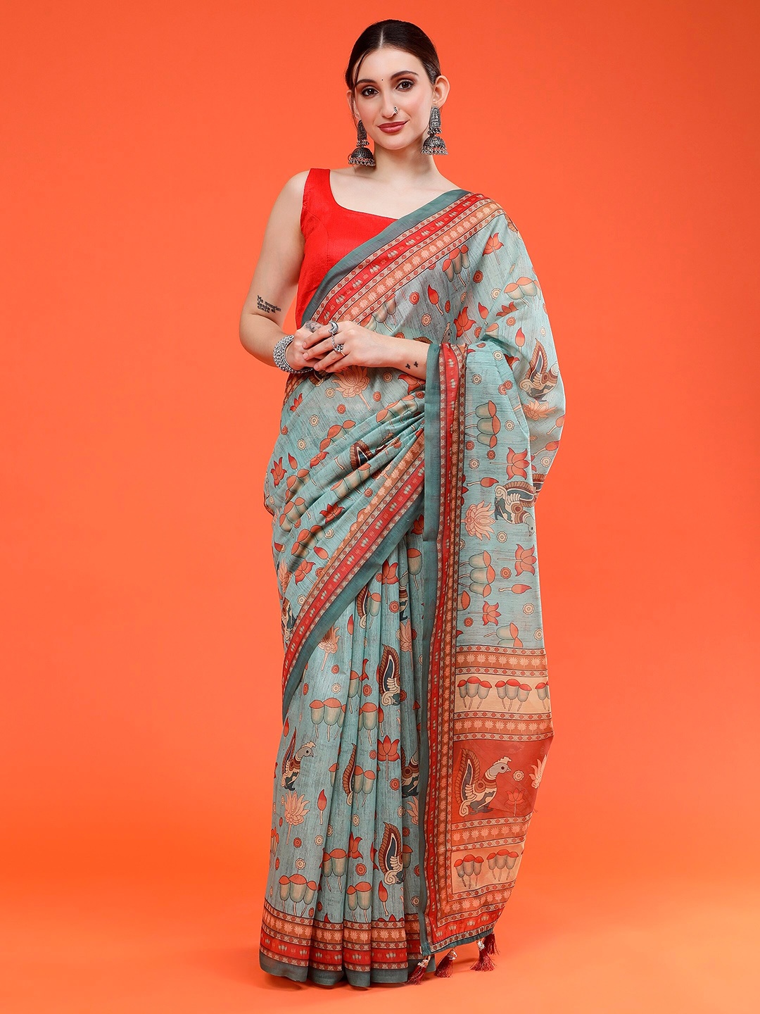 

Sawere Kalamkari Pure Cotton Saree, Green