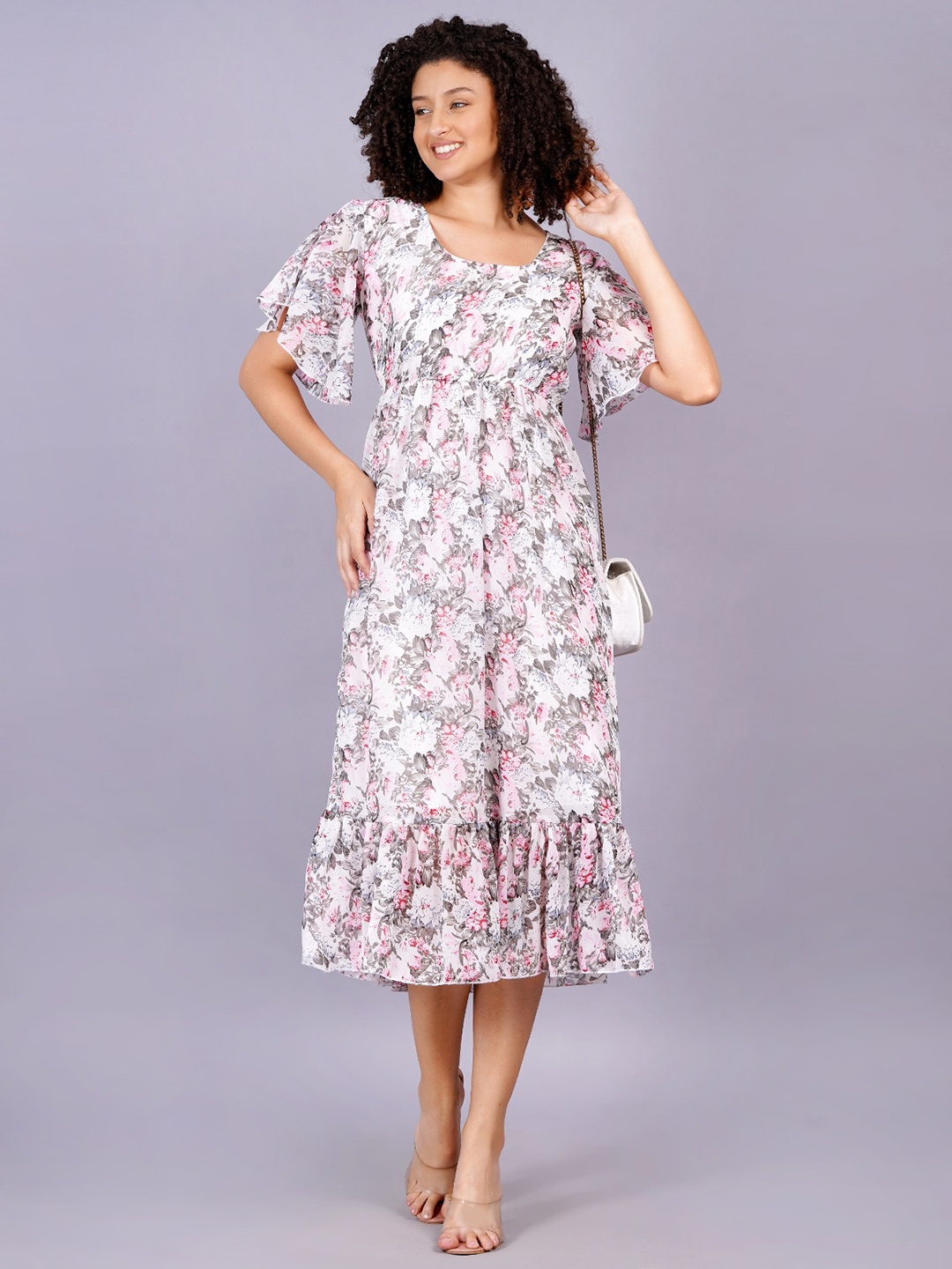 KALINI Floral Printed Flared Sleeves Georgette A-Line Midi Dress, Pink