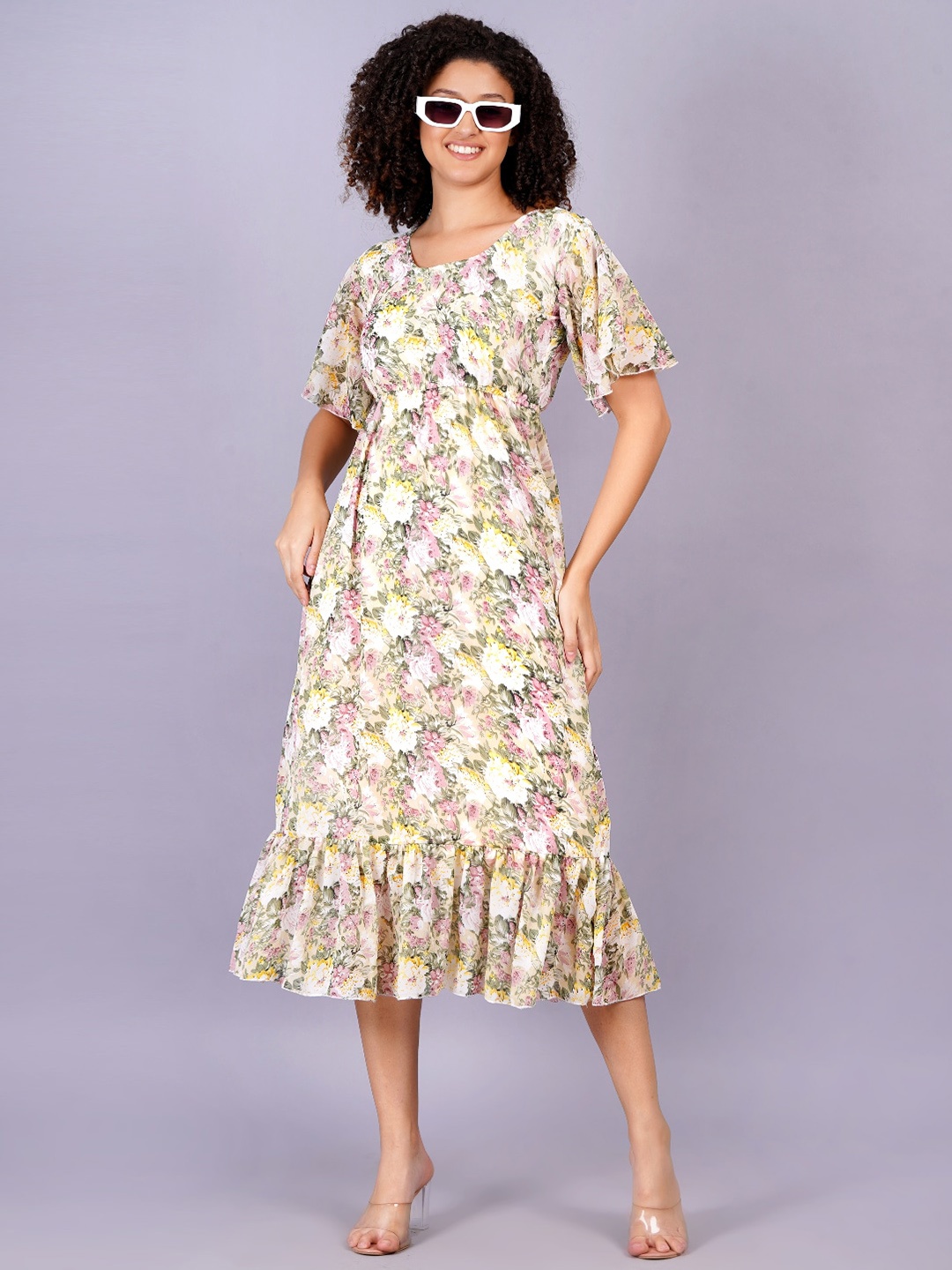 

KALINI Floral Printed Flared Sleeves Georgette Fit & Flare Midi Dress, Beige