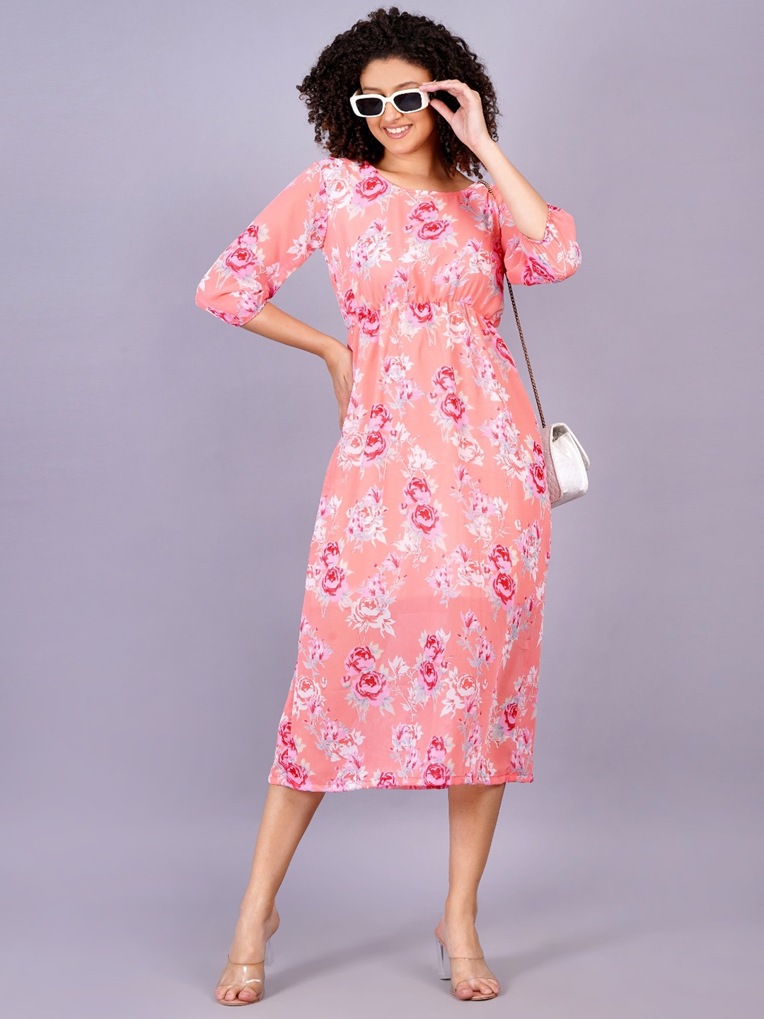 

KALINI Floral Printed Puff Sleeves Georgette A Line Dress Midi Dress, Peach