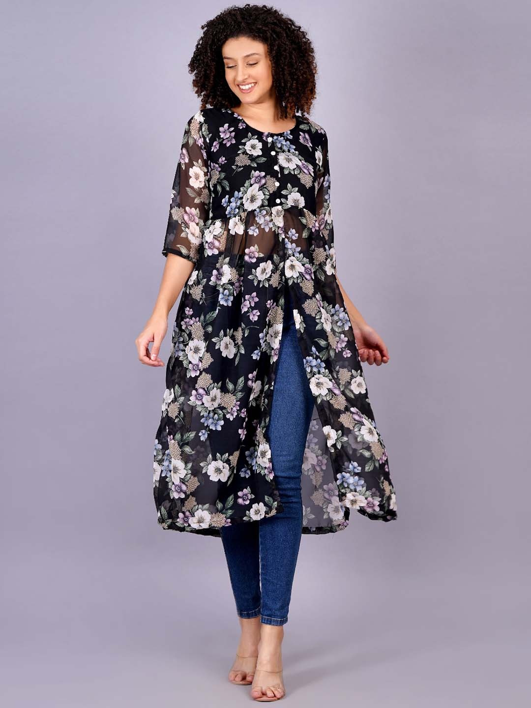 KALINI Floral Printed Georgette A-Line Midi Dress, Black