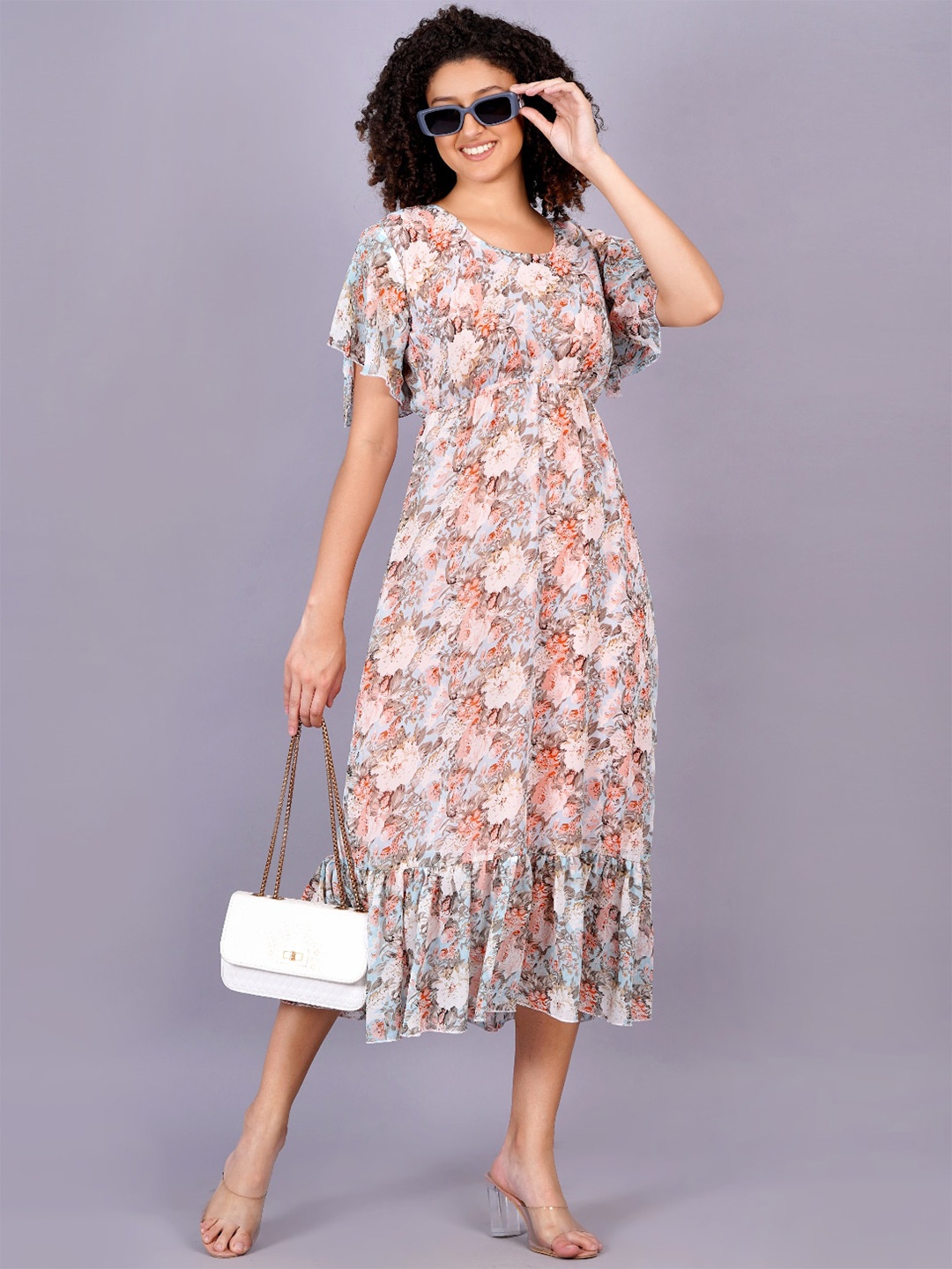 

KALINI Floral Print Flared Sleeves Georgette Fit & Flare Midi Dress, Peach
