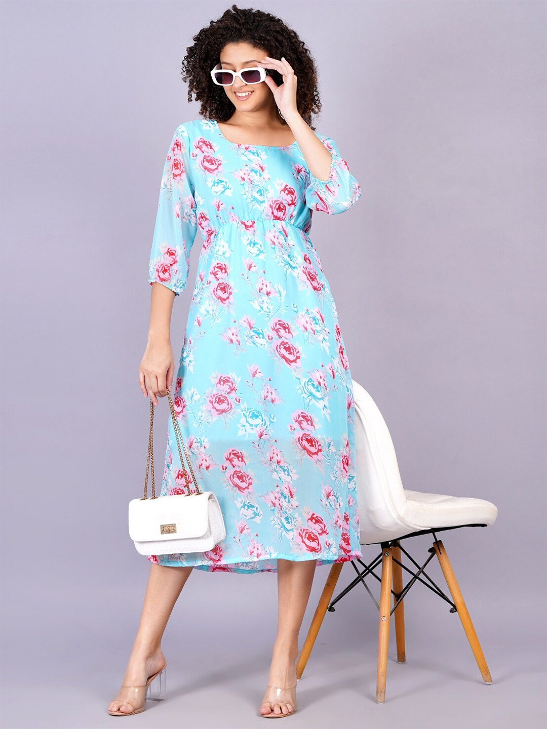 

KALINI Floral Printed Puff Sleeves Georgette A-Line Midi Dress, Blue