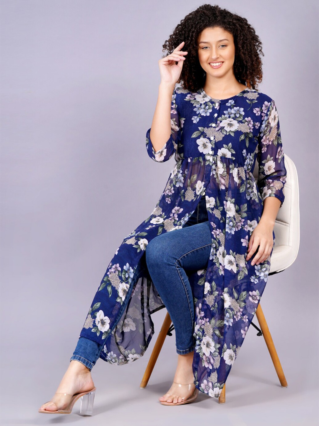 KALINI Floral Printed Georgette Empire High Slit A-Line Kurta, Blue