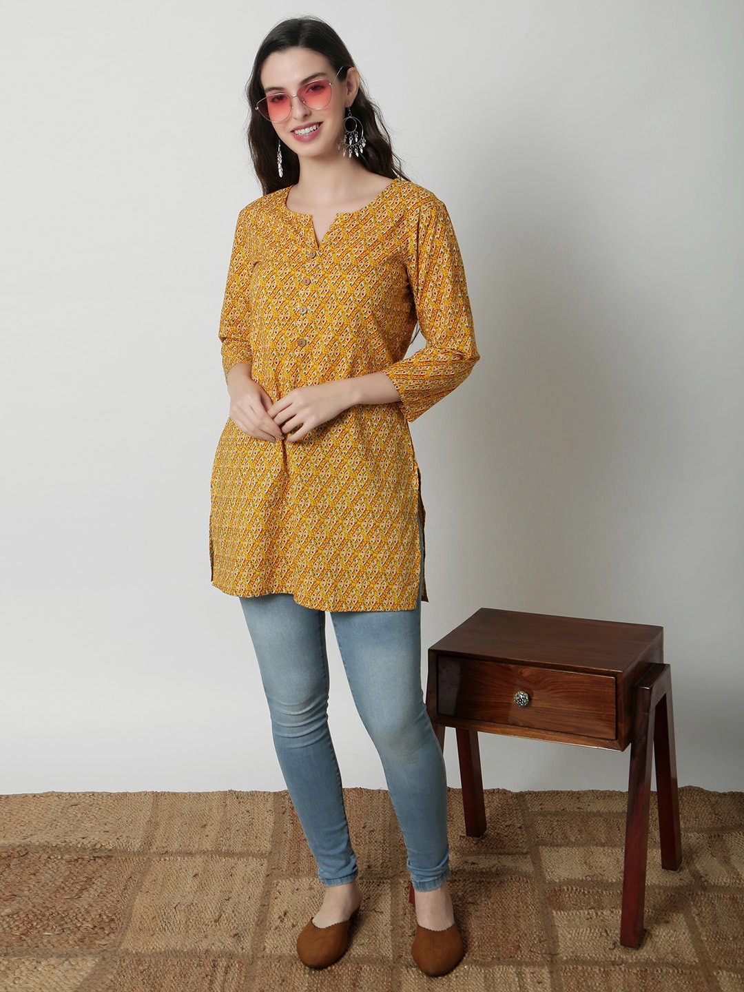 

JANAKDULARI CREATION Geometric Print Cotton Top, Mustard