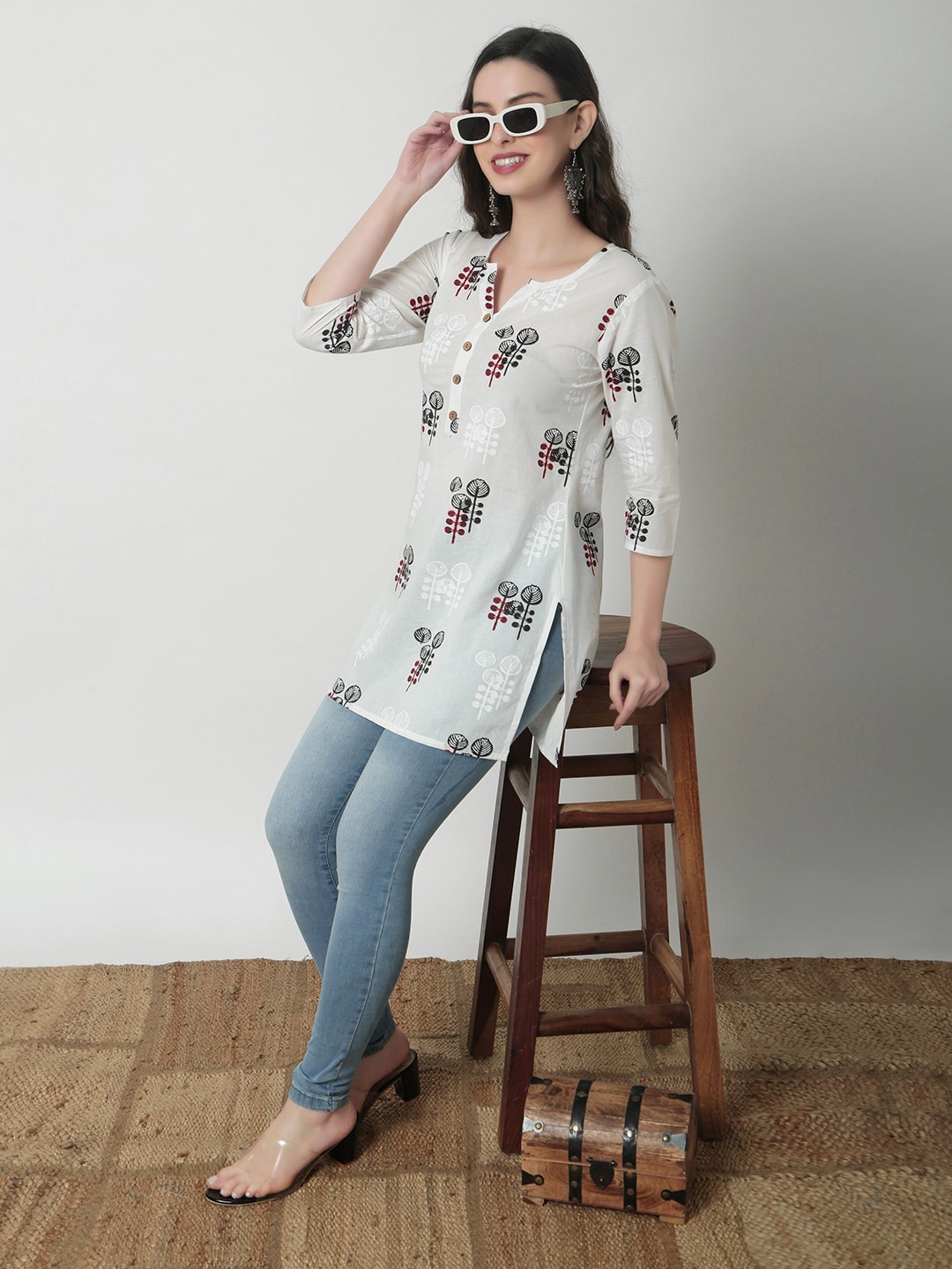

JANAKDULARI CREATION Floral Print Cotton Longline Top, White