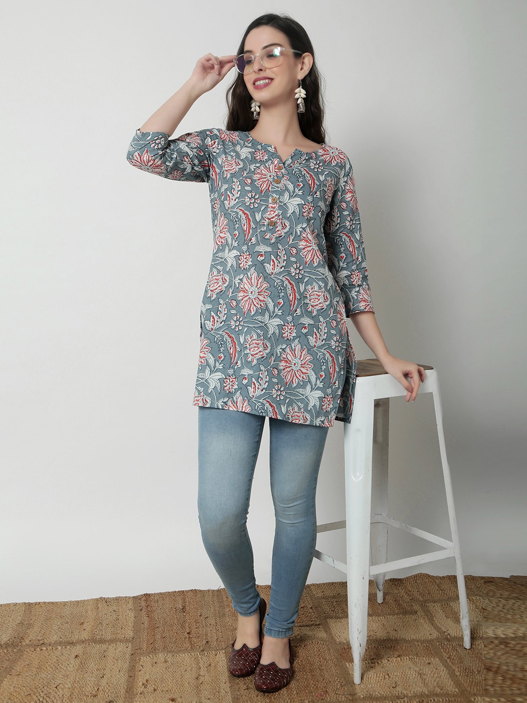 

JANAKDULARI CREATION Floral Print Cotton Top, Grey