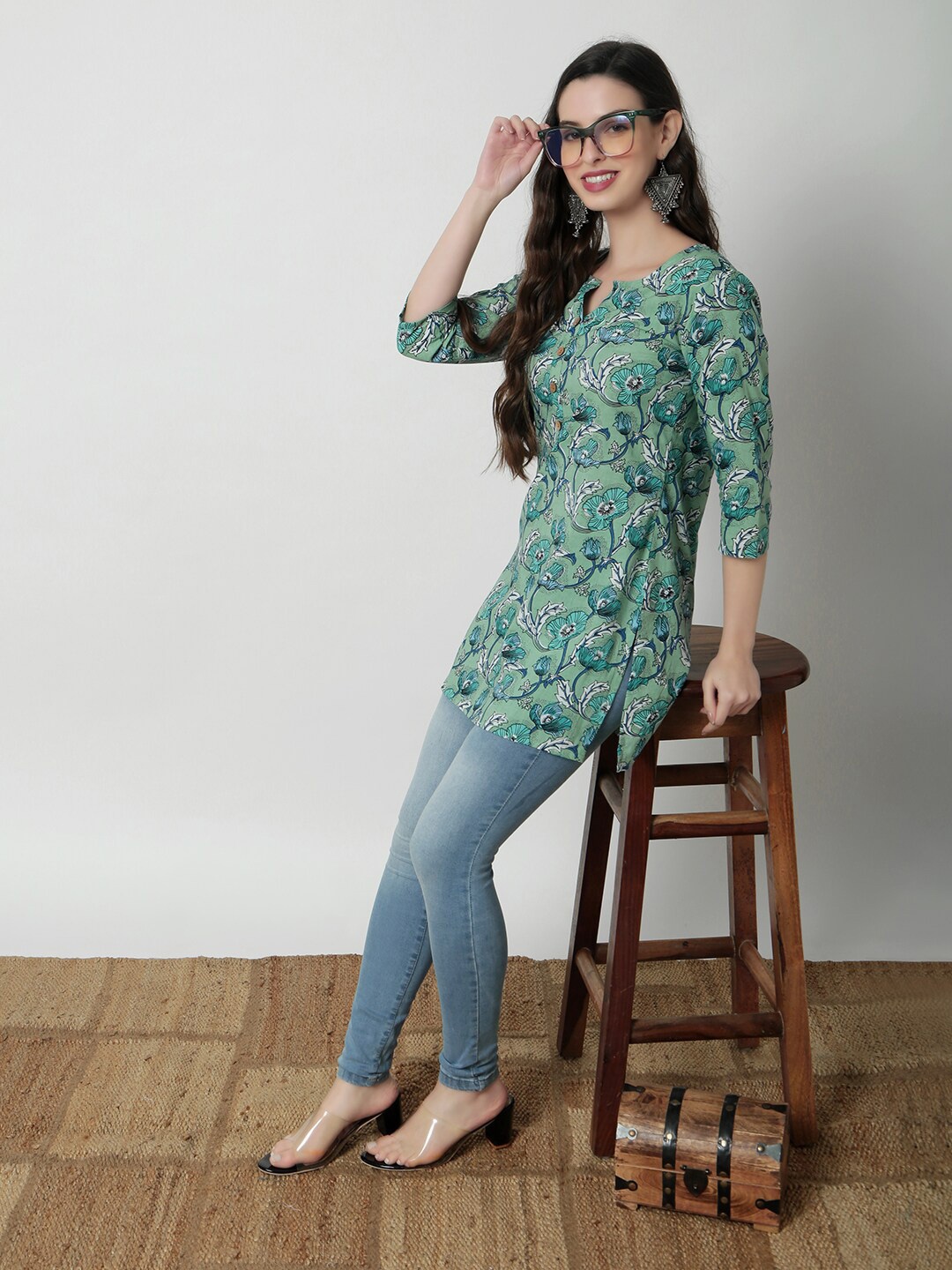 

JANAKDULARI CREATION Floral Print Cotton Maxi Top, Green