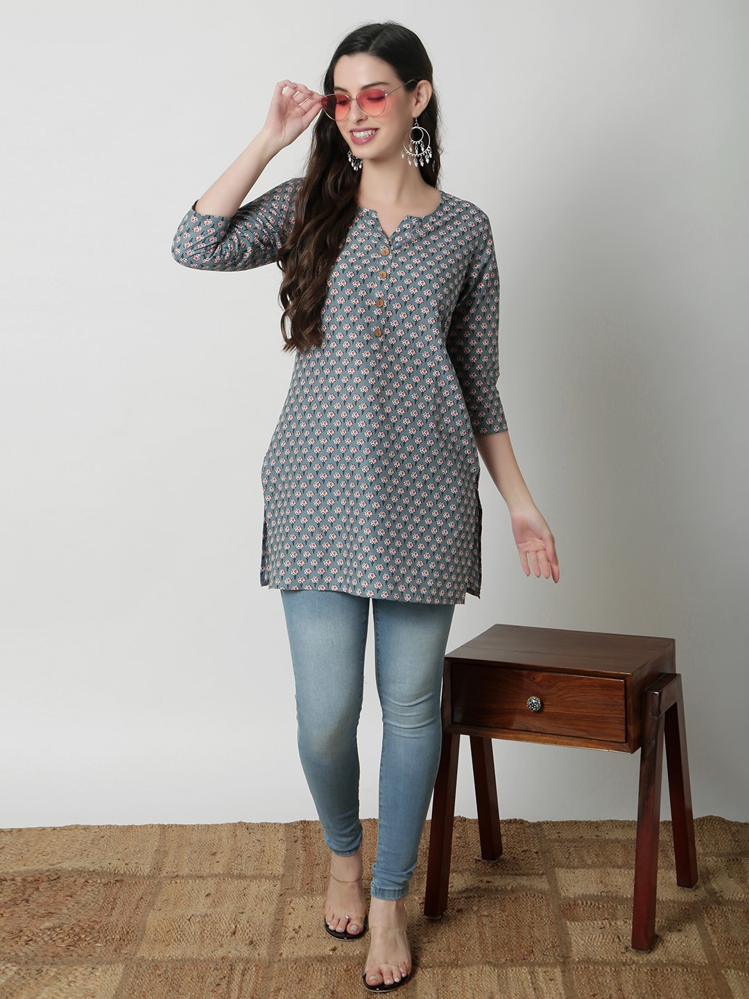 

JANAKDULARI CREATION Geometric Print Cotton Longline Top, Grey