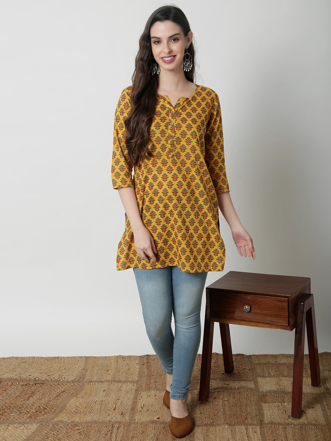 

JANAKDULARI CREATION Print Cotton Longline Top, Mustard