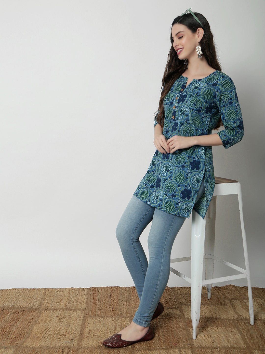 

JANAKDULARI CREATION Floral Print Flared Sleeve Cotton Top, Blue