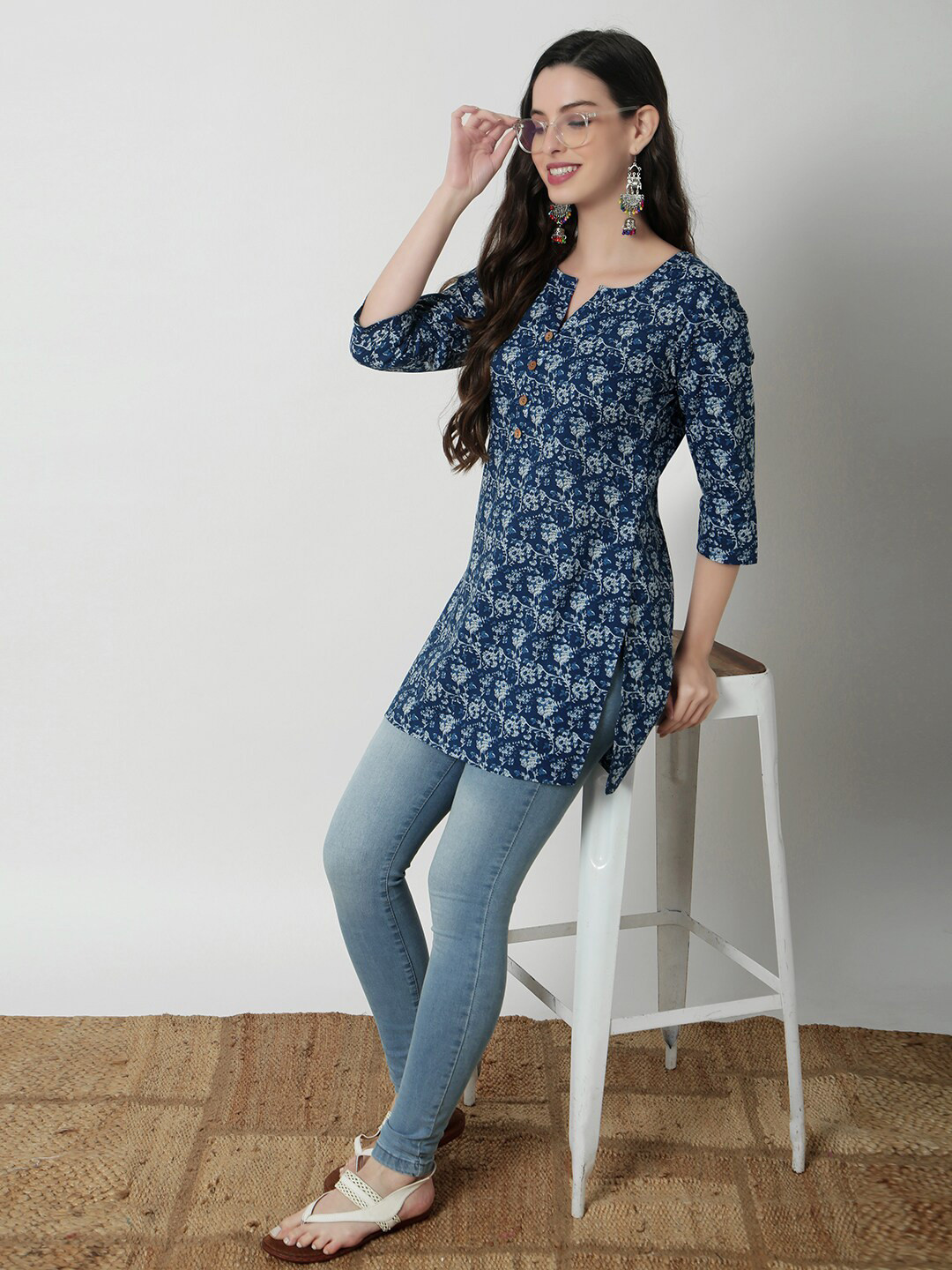 

JANAKDULARI CREATION Floral Print Cotton Peplum Top, Blue