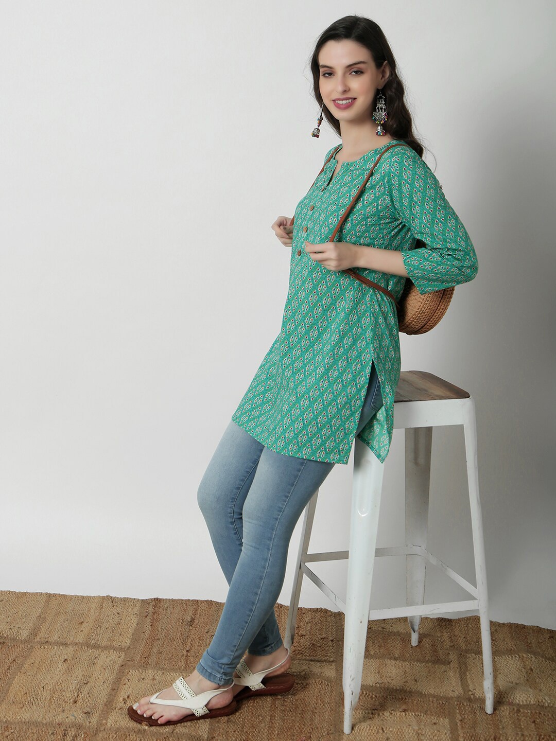 

JANAKDULARI CREATION Geometric Print Sleeves Cotton Top, Sea green